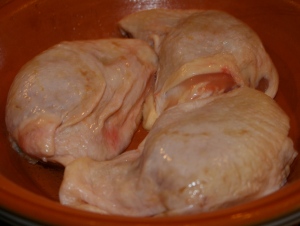 Sear the chicken thighs, about 4 minutes on each side. Cook in batches so as to not overcrowd.