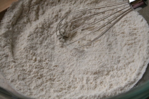 Combine sugar, flour, baking powder and salt in a bowl.
